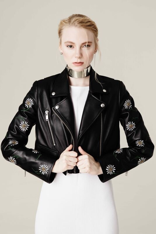 Embroidered daisy leather jacket